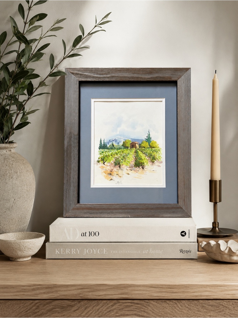 Watercolor Painting Vineyard Countryside Signed